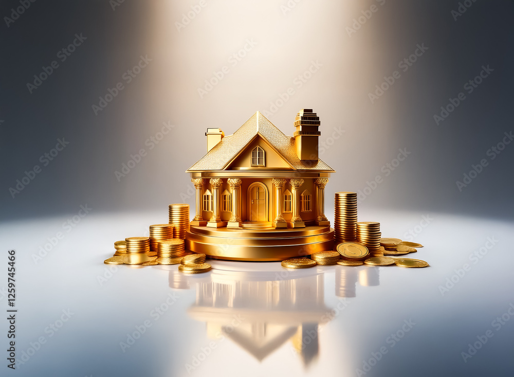 Poster a golden house is surrounded by shiny gold coins, symbolizing wealth and prosperity, illuminated by 