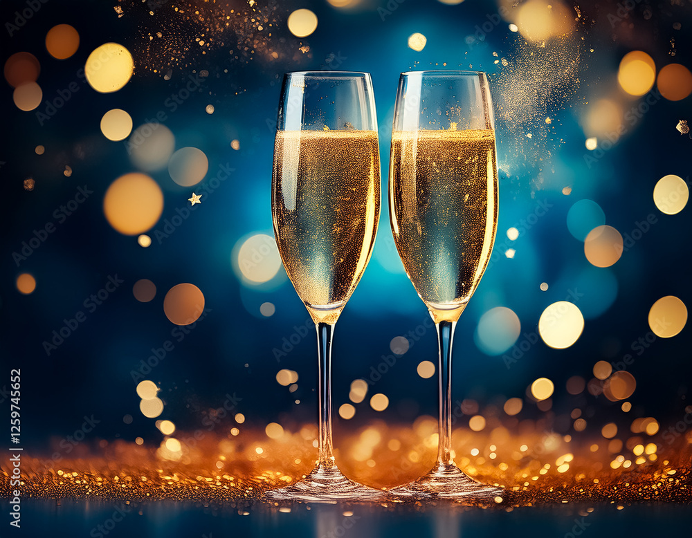 Aufkleber two tall champagne flutes filled with bubbly golden liquid are set against a festive dark blue backd