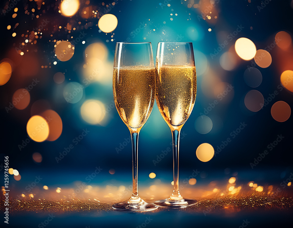 Aufkleber two champagne flutes filled with golden bubbly liquid stand against a blurred, festive backdrop with