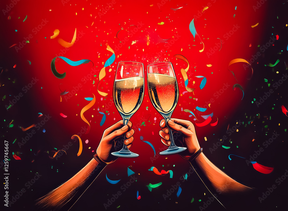 Aufkleber two hands clinking champagne glasses against a vibrant red background with falling confetti, creatin
