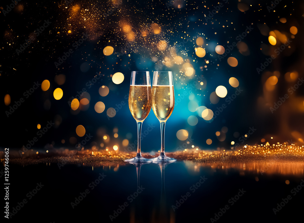 Aufkleber two champagne flutes hold golden bubbly liquid against a dark backdrop illuminated by glittering bok