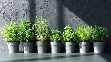 A row of potted herbs including basil, rosemary, and mint basking in sunlight against a textured wall