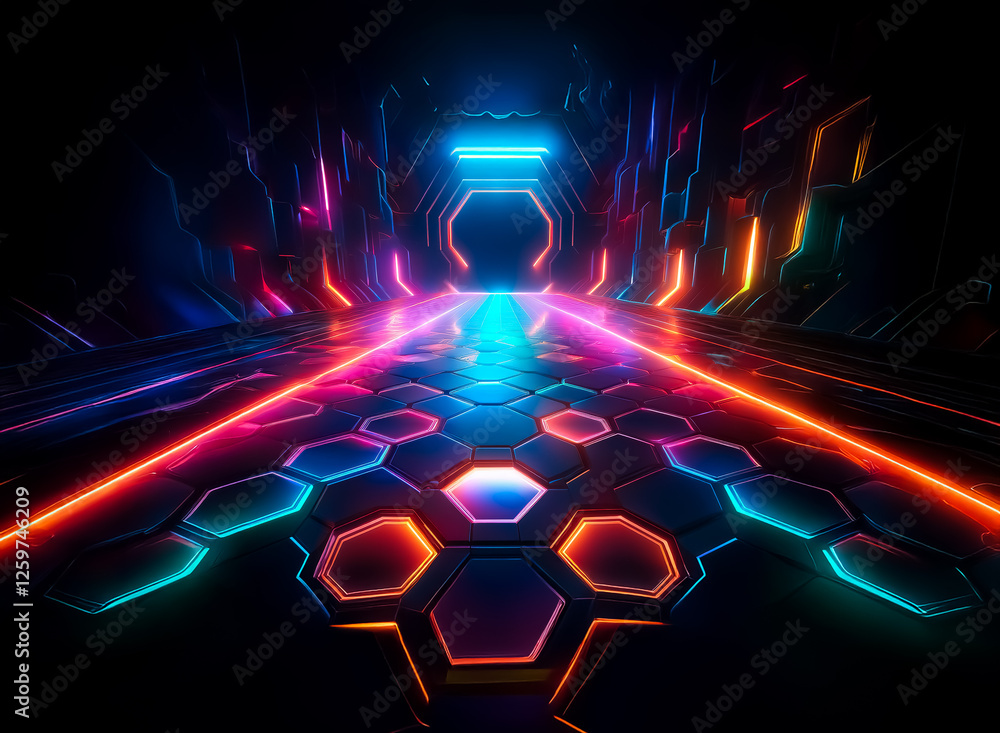 Aufkleber neon lit futuristic tunnel with hexagonal floor tiles and geometric walls. bright glowing lights ill