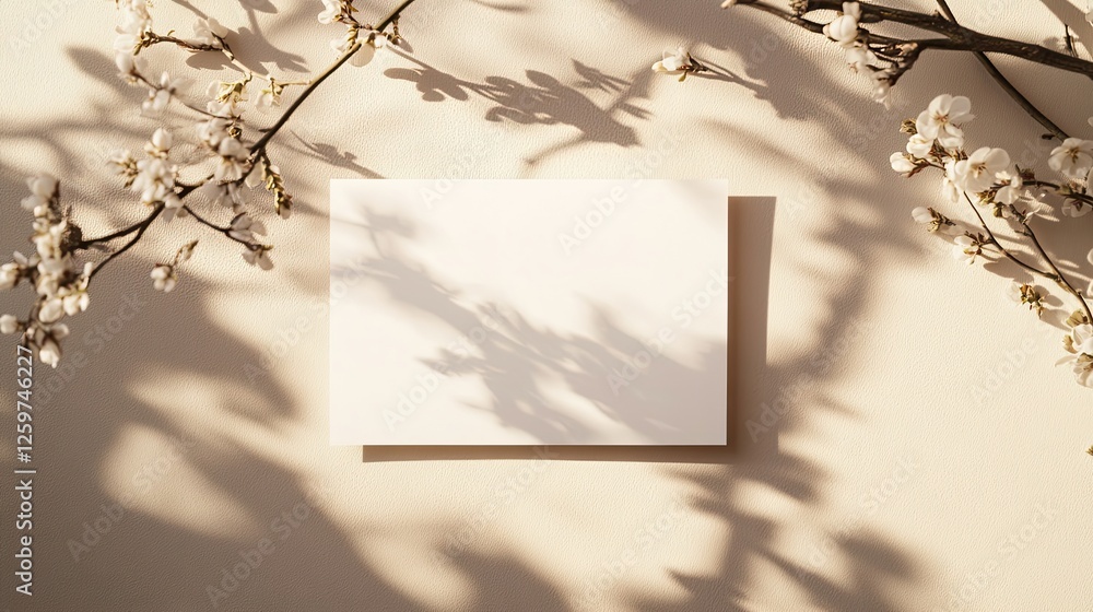 Poster blank canvas surrounded by delicate branches casting soft shadow