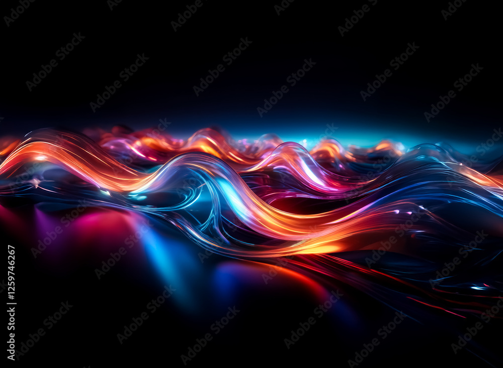 Poster Abstract image of luminous, smooth waves flowing against a dark background. The vibrant colors range from blue to orange, creating a dynamic and energetic feel.