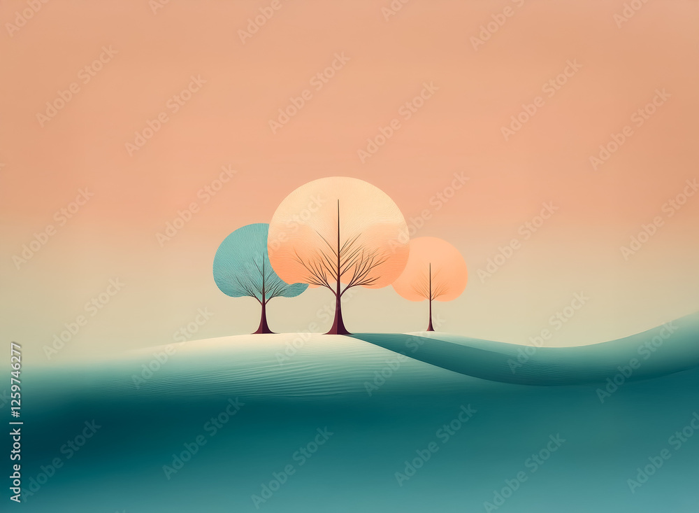Poster Soft pastel landscape art featuring three stylized trees with round crowns perched on smooth rolling hills under a gradient sky. A calm and serene nature scene.