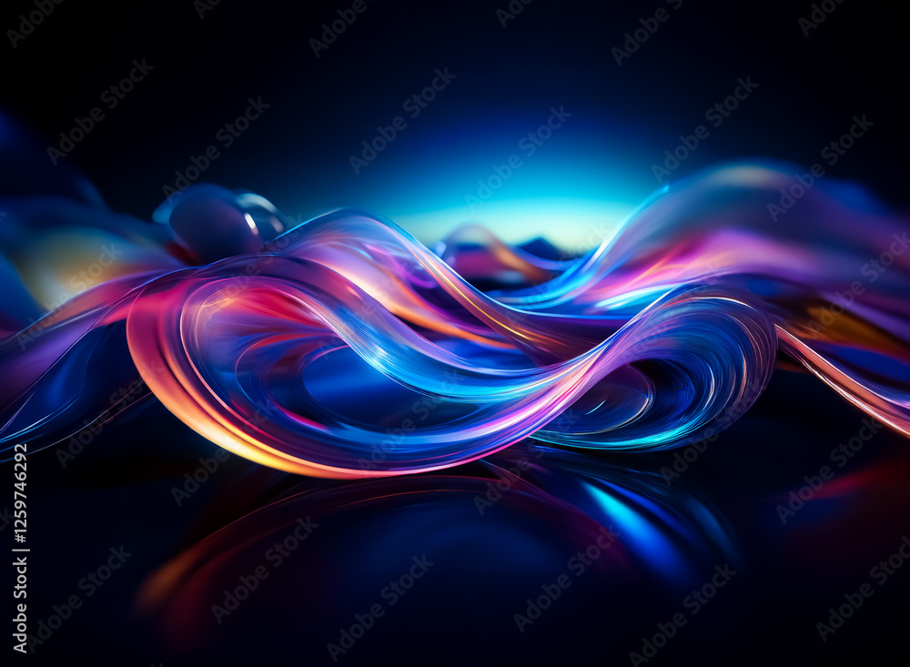 Fototapete vibrant colors swirl in an abstract wave, flowing smoothly on a dark backdrop. glossy reflections en