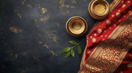 Traditional Indian saree with gold embroidery, bowls, and green leaves create rich cultural display. vibrant colors and textures evoke sense of celebration and heritage