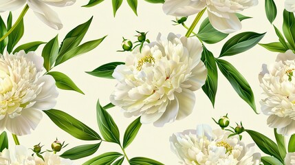 White peony pattern, white background, green leaves, vintage style