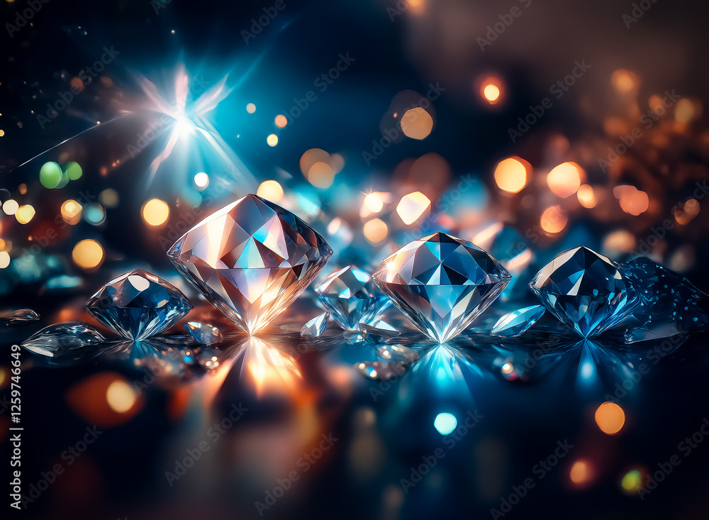 Poster gleaming diamonds shimmer and reflect light in a dazzling display. a backdrop of soft bokeh lights e