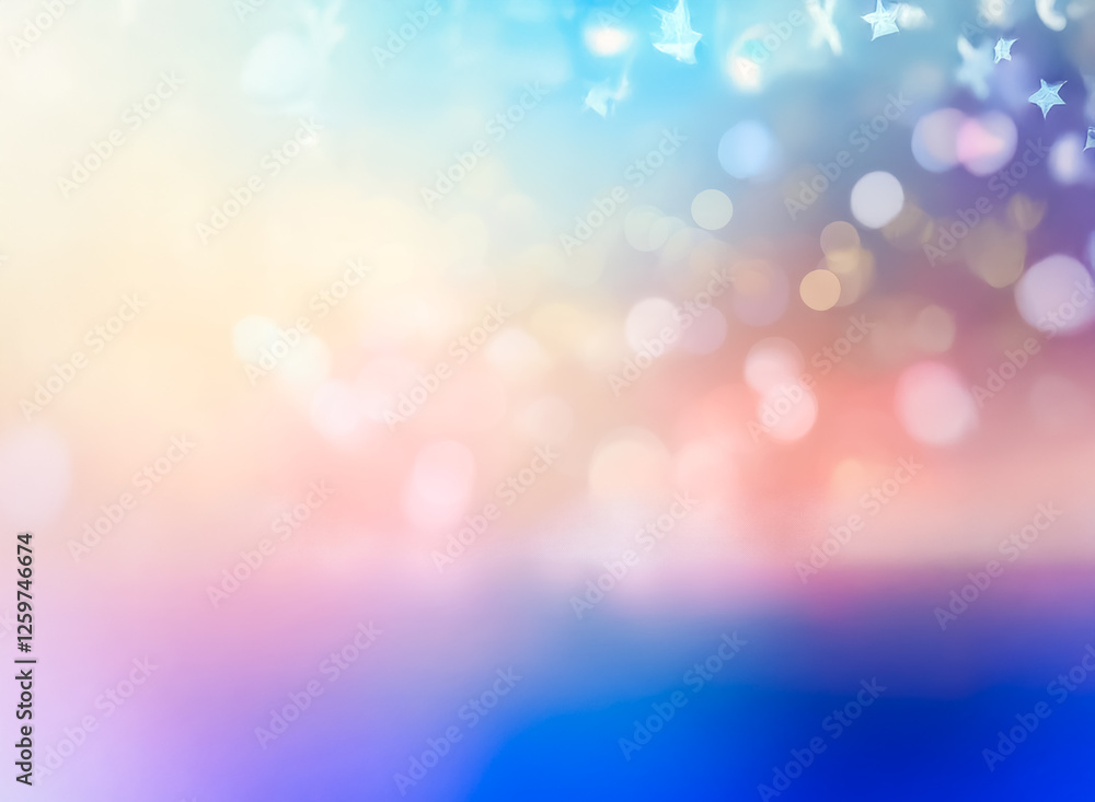 Poster soft pastel bokeh background with dreamy stars and a gradient of colors from yellow to blue. magical