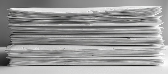 Stack of papers on white surface, grey background.  Office paperwork