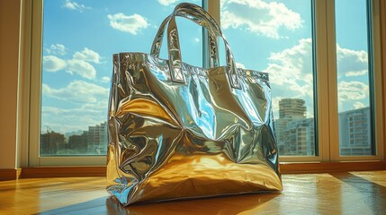 A shiny metallic tote bag resting on a wooden floor, illuminated by sunlight through large windows