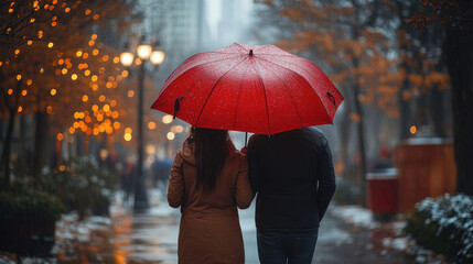 Valentine's Day couple walking in the rain under a red umbrella, sharing a smile