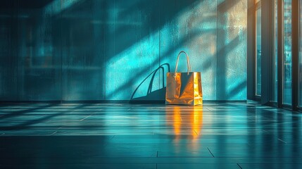 A solitary golden shopping bag casts shadows in a modern, sunlit urban space with reflections