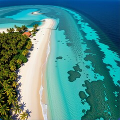 Fototapeta premium Aerial view of a tropical paradise featuring white sandy beaches, turquoise waters, and lush palm trees lining the coastline.