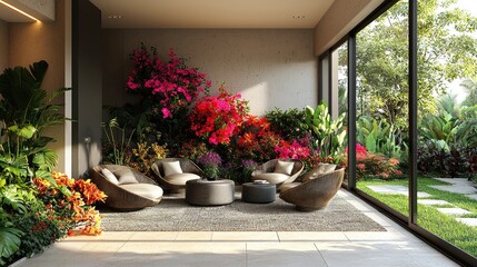 Cozy indoor lounge with modern seating surrounded by vibrant flowers and greenery outside