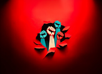 Fototapeta premium Five diverse fists punch through a torn red surface, reaching upwards. Symbolizing collective strength, unity, and empowerment against a vibrant backdrop.