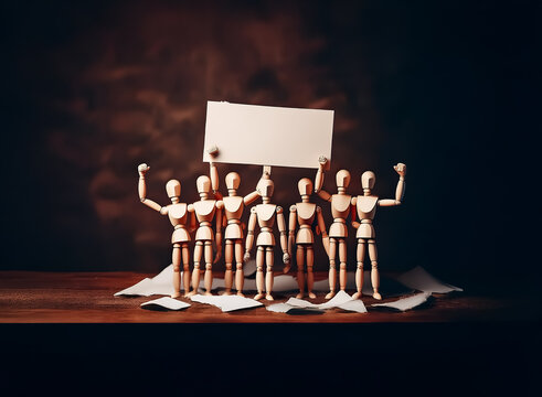 A group of wooden mannequins stands together on a table, holding up a blank sign. Some figures have raised fists in a show of unity. Scattered papers lay around them against a dark backdrop.