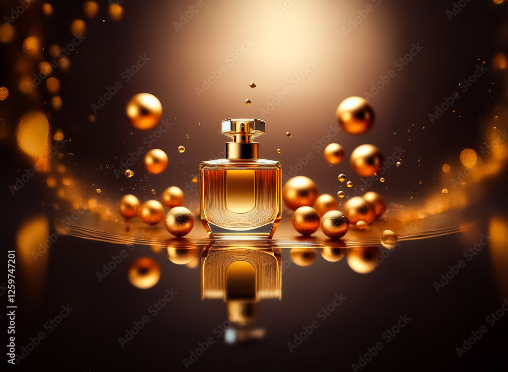 Aufkleber elegant perfume bottle with golden accents, reflecting on a sleek surface, surrounded by floating go