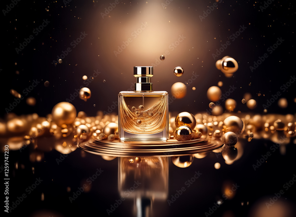 Poster elegant perfume bottle stands amidst floating golden spheres on a reflective surface. a luxurious an