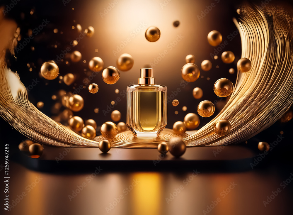 Poster a golden perfume bottle is elegantly displayed on a platform, surrounded by floating golden spheres.