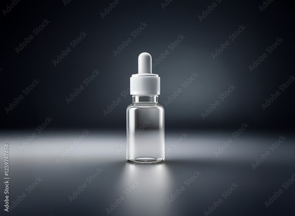 Poster A clear glass dropper bottle with a white cap sits centered on a reflective dark surface, illuminated in a studio setting. The bottle appears empty and ready for cosmetic or pharmaceutical product.