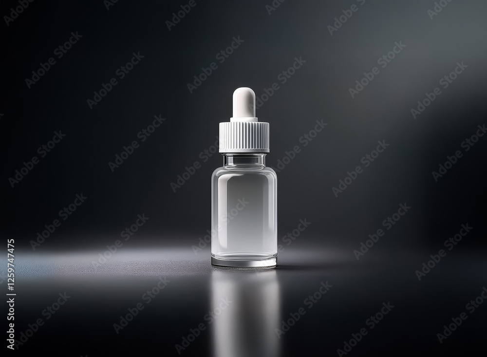 Poster Clear bottle with a white dropper stands on a dark reflective surface, illuminated by a soft light. Simple product shot for cosmetic or medicinal use.