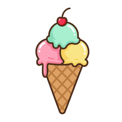 Colorful Triple Scoop Ice Cream Cone With Cherry Topping