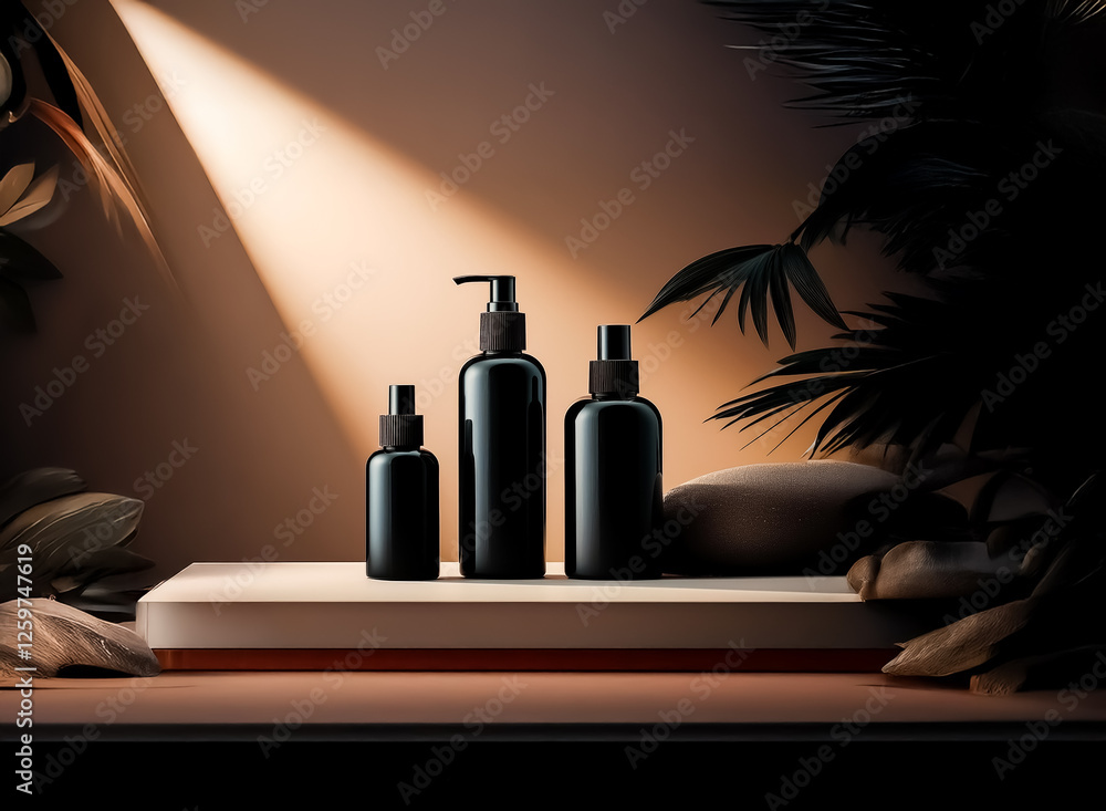 Poster Elegant black bottles in varying sizes are showcased on a platform with soft light, set against a neutral backdrop with subtle plant shadows.