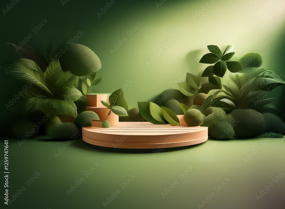 Poster a round podium surrounded by lush green plants and soft lighting, creating a natural and inviting sc