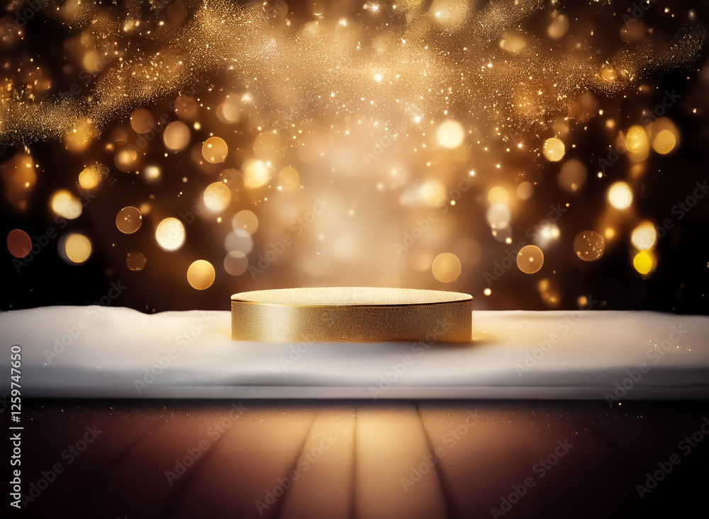Poster Golden podium on a white surface, illuminated by bokeh lights and golden sparkles. A festive and elegant scene perfect for display or presentation.