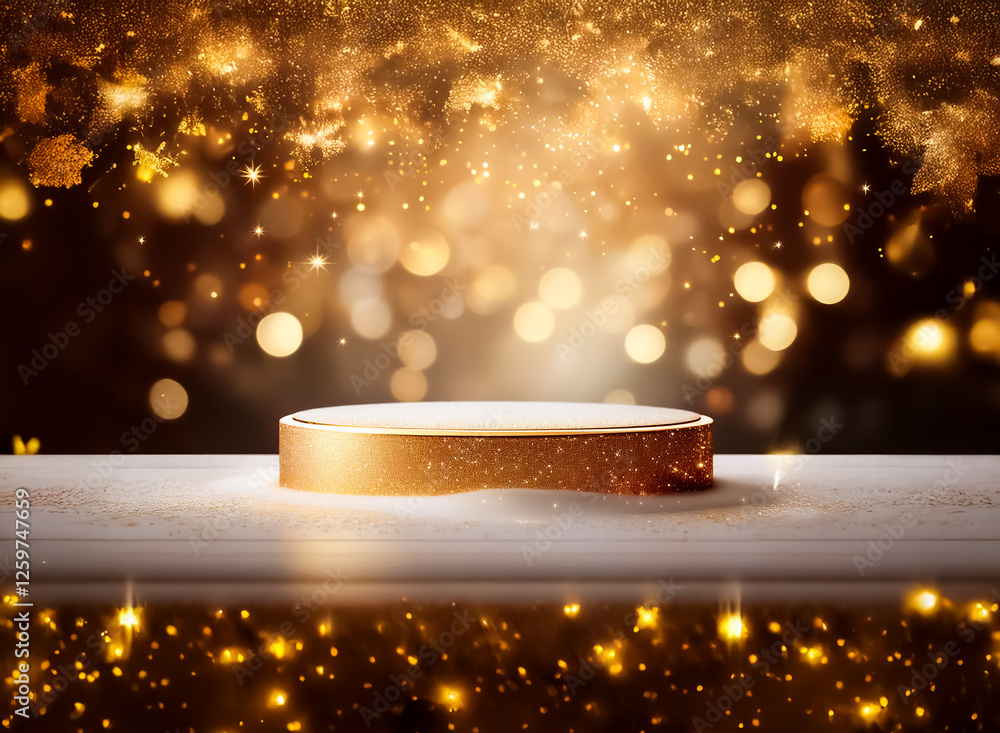 Poster elegant gold podium on a clean white surface. shimmering bokeh of golden lights creates a festive ba