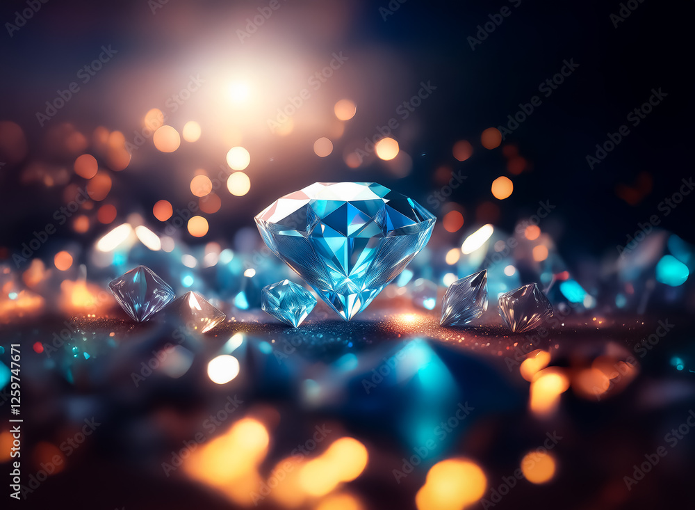 Aufkleber a collection of sparkling diamonds scattered on a surface, with a prominent blue diamond catching th