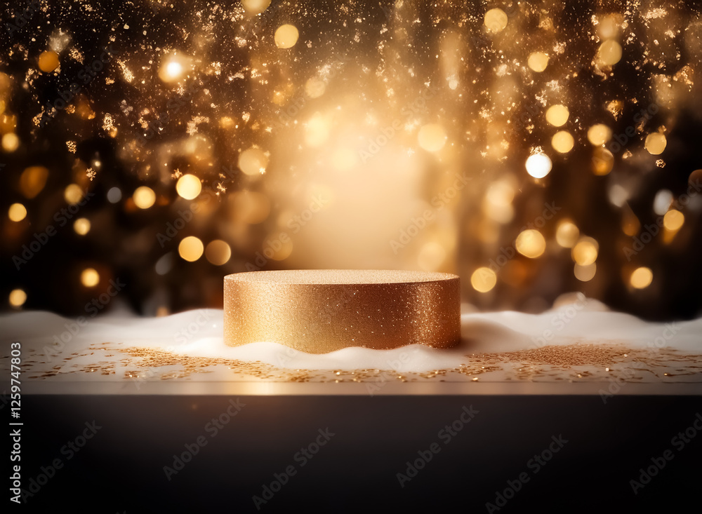Poster golden podium stands on a snowy surface under a cascade of golden bokeh lights. festive and elegant 