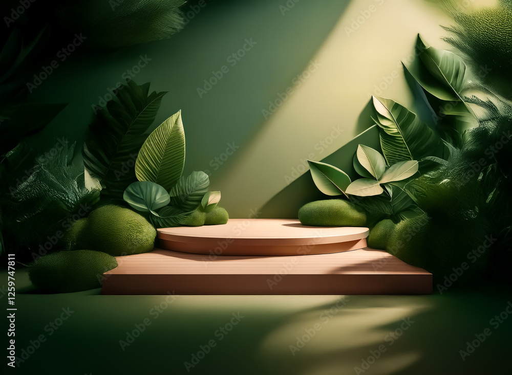Poster a serene two-tiered podium is showcased amidst verdant foliage, softly illuminated by a gentle spotl