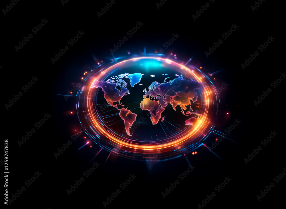 Aufkleber a stylized world map with continents is encircled by vibrant, glowing rings and particles against a 