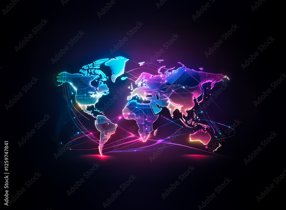 Poster Vibrant world map illuminated with glowing lines showing interconnected continents against a dark backdrop, symbolizing global network and digital connections.