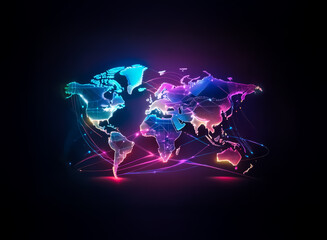 Vibrant world map illuminated with glowing lines showing interconnected continents against a dark backdrop, symbolizing global network and digital connections.