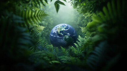 image depicts serene view of Earth surrounded by lush green ferns, symbolizing harmony with nature and environmental balance