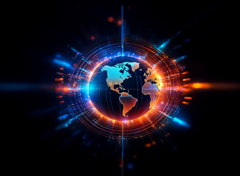 Vibrant digital globe with glowing lights and circular patterns on a dark backdrop. Abstract and futuristic representation of global connection.