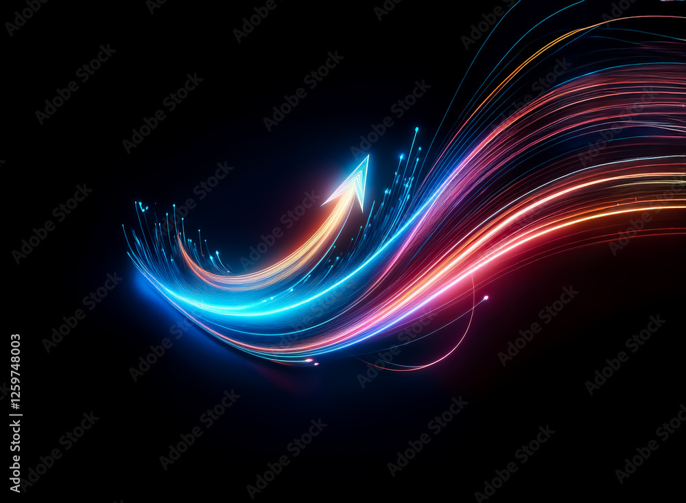 Poster a dynamic glowing arrow, formed from vibrant blue and red light trails, points upwards on a dark bac
