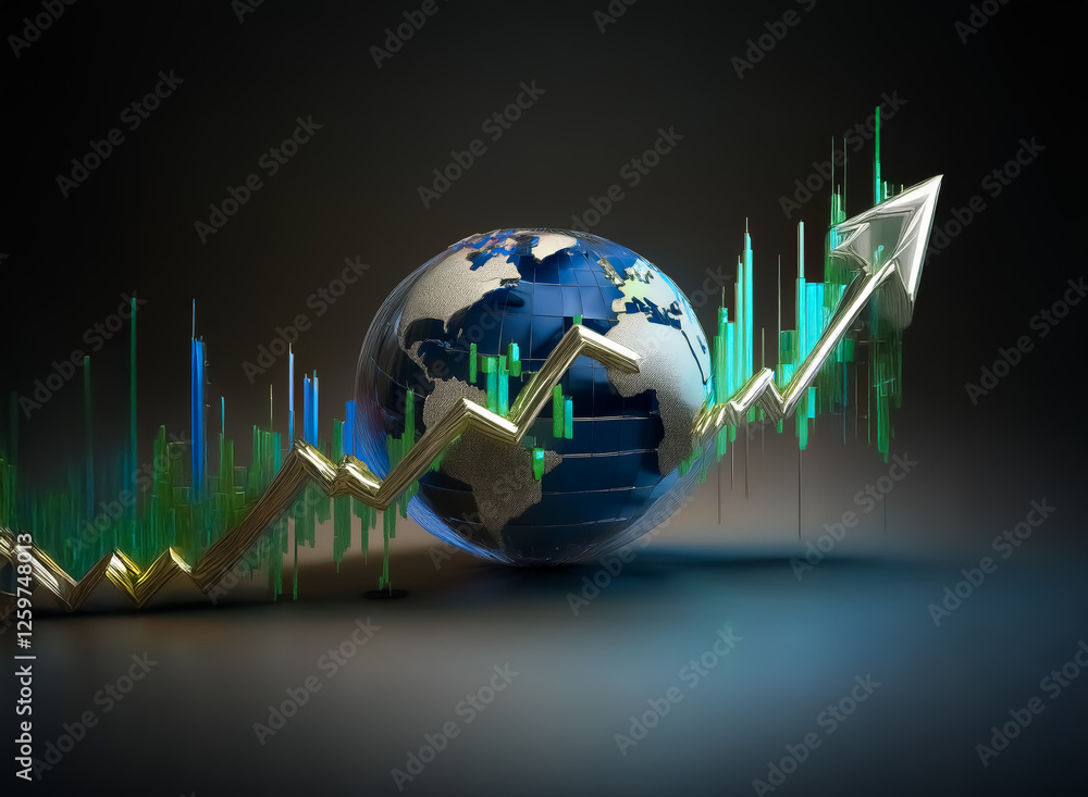 Aufkleber global market growth depicted with a globe and an upward trending chart. financial progress and econ