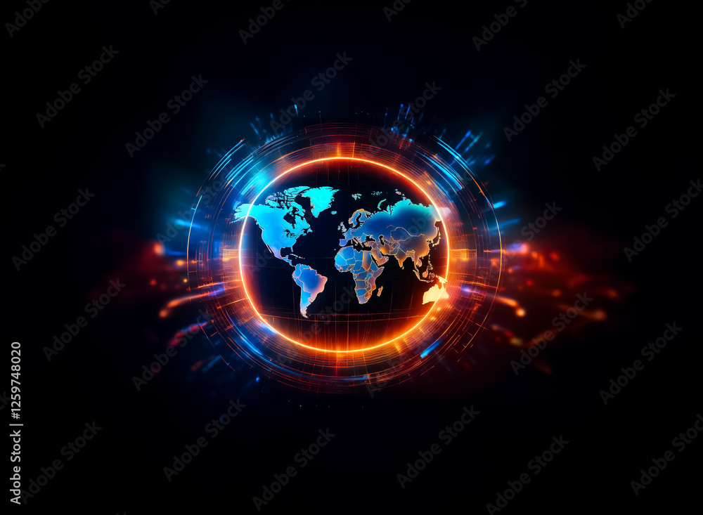 Poster a vibrant world globe illuminated with bright neon lights is centered against a dark backdrop. circu
