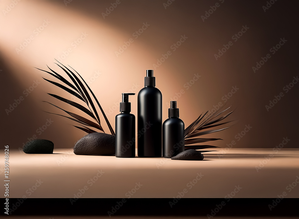 Poster elegant black bottles are displayed with dark stones and palm leaves, creating a natural and minimal