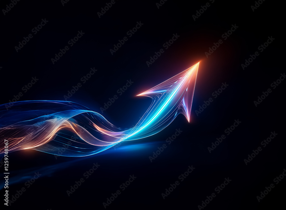 Leinwandbilder abstract glowing arrow pointing up and right with a flowing light trail on a dark background. orange