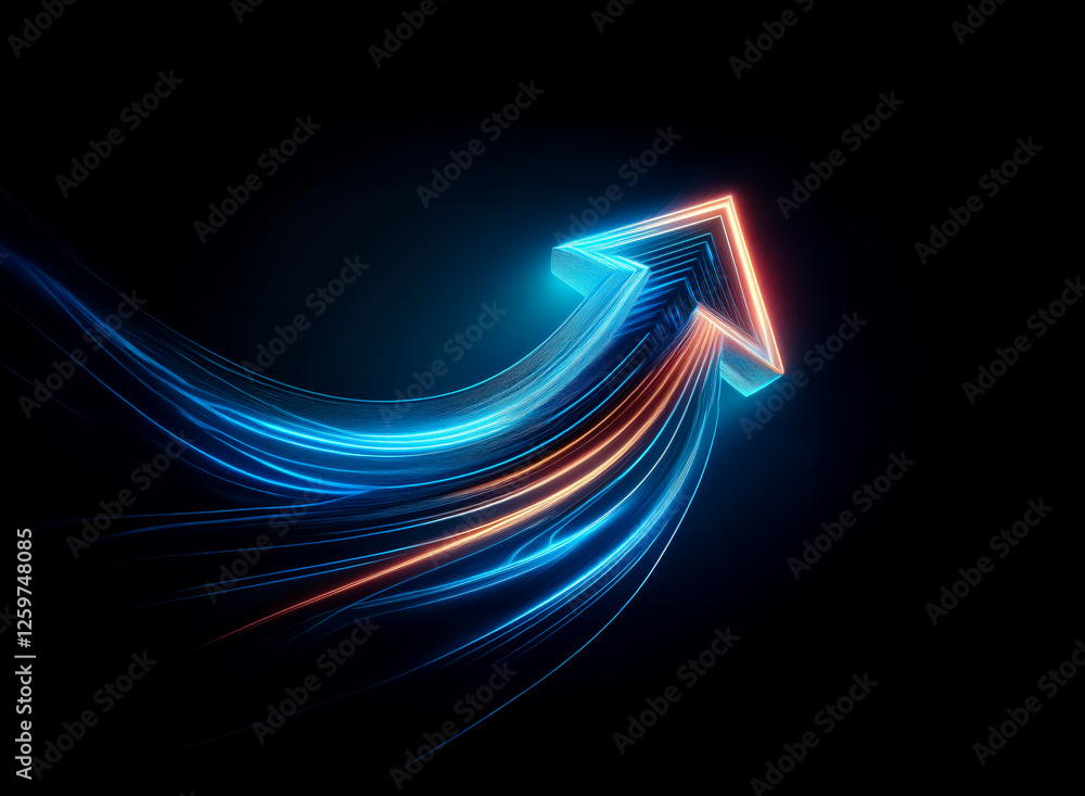 Poster glowing arrow with blue and orange light streaks points upwards against a black backdrop. abstract a