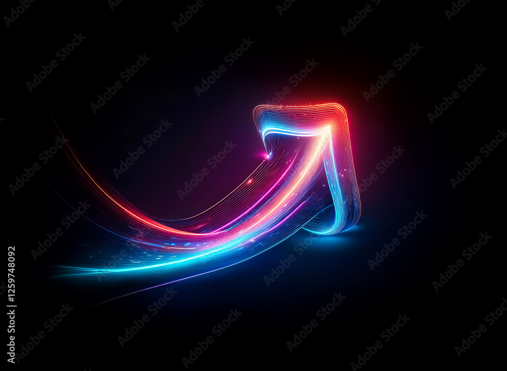 Poster a luminous arrow composed of vibrant light trails points upwards and right on a dark backdrop, creat