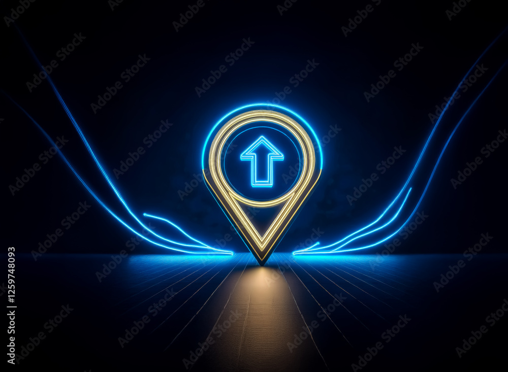 Poster a luminous golden map pin with an upward arrow is centered on a dark surface, illuminated by radiati