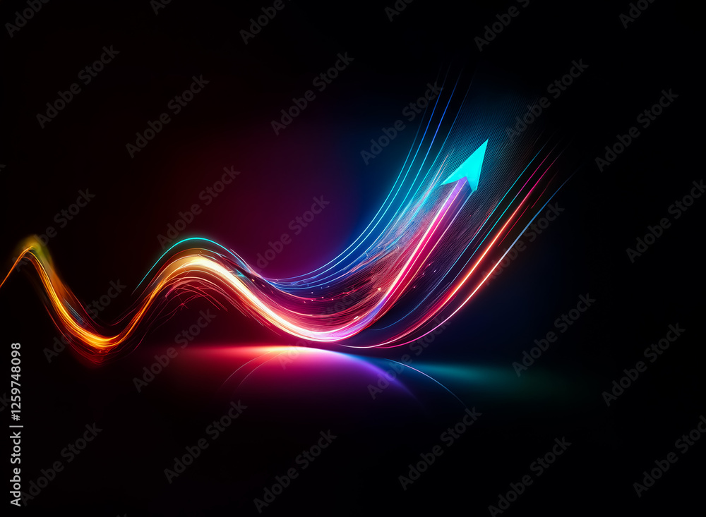 Poster Vibrant image of a glowing arrow pointing upwards, followed by a colorful light trail. Dynamic and energetic design on a dark backdrop.